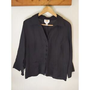 Talbots 100% Irish Linen Blazer Women's 14 Black Relaxed Boxy Button Front